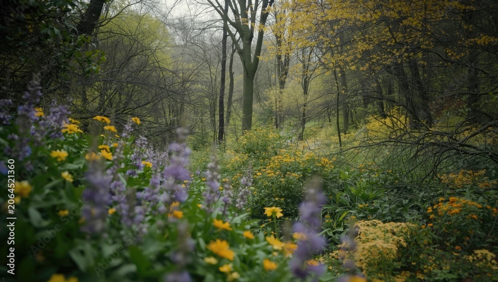 Obraz premium Colorful wildflowers blooming in a forest clearing during spring
