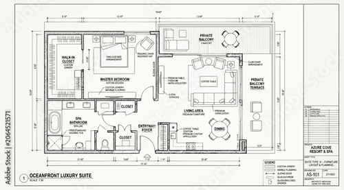 Obraz na plátně Architectural floor plan for a luxury oceanfront suite with bedroom, bathroom, l