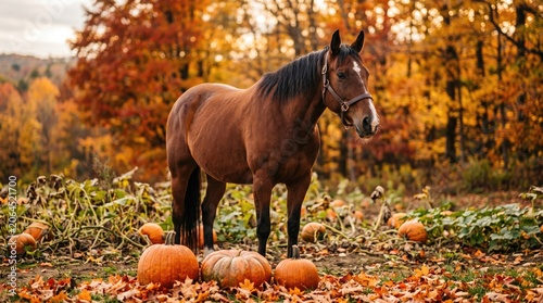 Halloween horse in a pumpkin patch on a fall day