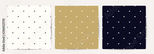 Collection of seamless decorative minimalistic geometric patterns. Repeatable elegant simple backgrounds. Endless prints with dot, hearts and stars symbols