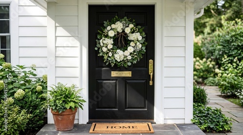 Elegant black front door with white flower wreath for halloween decor