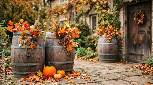 Festive halloween autumn display pumpkins barrels and fall foliage outdoor decoration scene