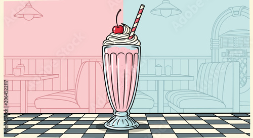 Retro diner milkshake with cherry and straw, 1950s style booth seating