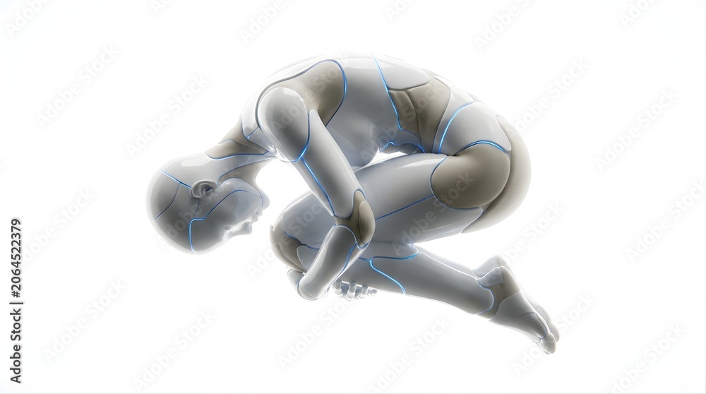 Fototapeta premium White humanoid AI robot curled in vulnerable fetal position