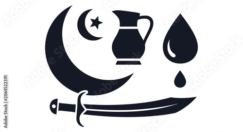 Fotografie ottoman crescent and star symbol with pitcher and sword silhouette