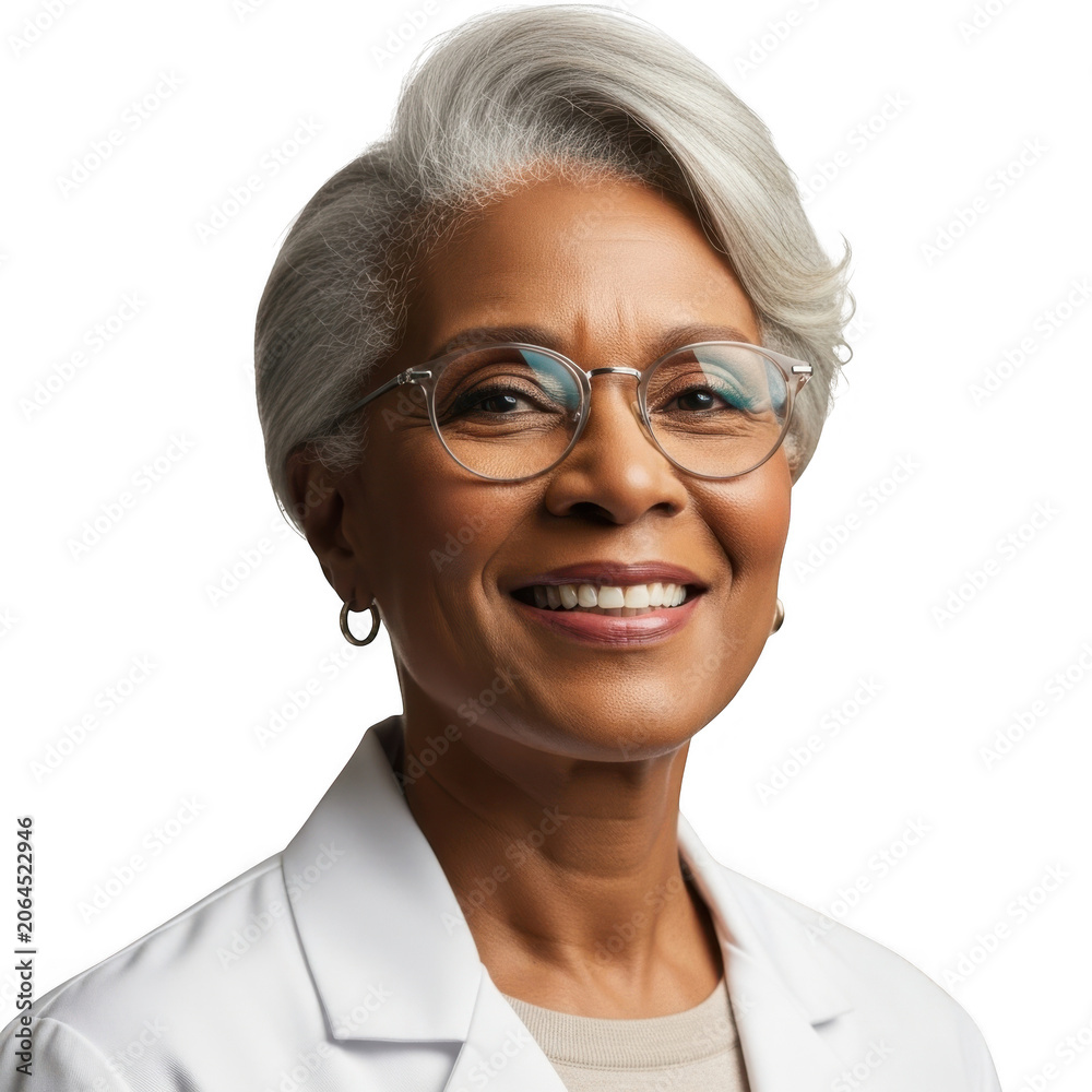 Fototapeta premium Smiling older woman with glasses wearing a white lab coat isolated on transparent background
