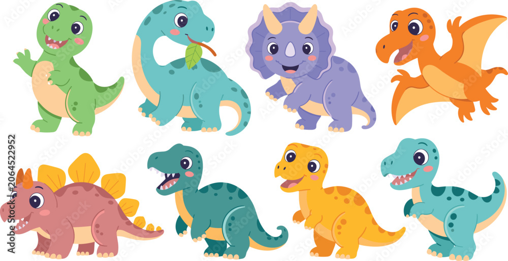 Naklejka premium Cute Baby Dinosaur Cartoon Character Element Set with Tyrannosaurus Rex Triceratops Stegosaurus Brachiosaurus and Pterodactyl for Kids Nursery Designs