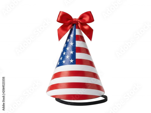 Party hat with american flag pattern and a red bow isolated on transparent background
