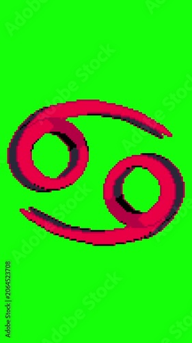 Vertical Glitch Comic Pixel Art Cancer Zodiac Sign Animation on Neon Green Background. The symbol moves with subtle glitch effects. Horoscope content