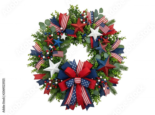 Patriotic wreath with red white and blue ribbons and stars isolated on transparent background