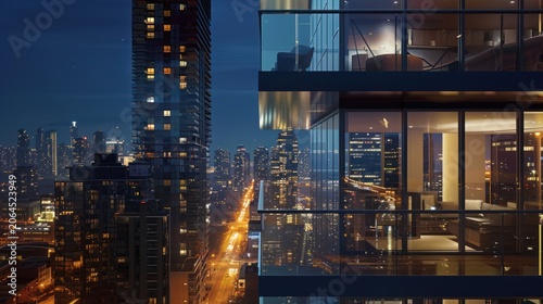 City Skyline at Night, Modern Apartment Building