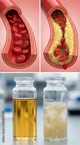 Arterial health progression: cholesterol level, lipid profile, vascular blockage, plaque accumulation, heart risk, blood vessel, healthy artery, unhealthy deposit, health balance, disease factor.