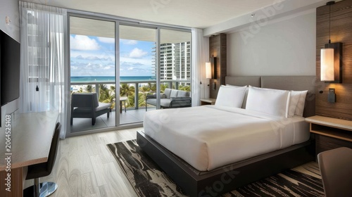 Modern hotel room with ocean view
