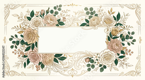 Elegant floral frame with vintage roses and botanical elements