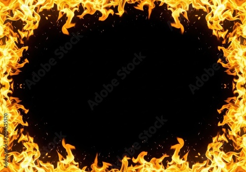 Fiery Oval Frame with Black Background and Bright Orange Flames