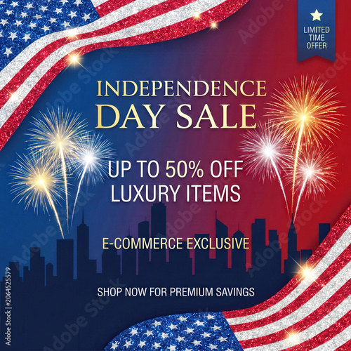 Independence Day Sale Banner: A vibrant and patriotic design featuring the American flag, fireworks, and a city skyline announces a limited-time Independence Day sale with discounts on luxury items.