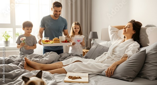 A mom blissfully lounging in a bathrobe, feet up, while her partner and kids bring her breakfast in bed.