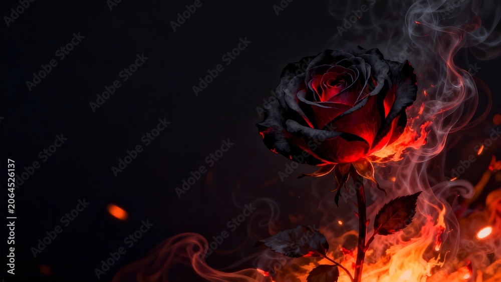 Fototapeta premium Burning black rose with smoke