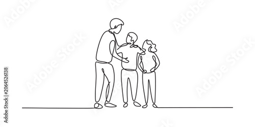 Foto Continuous single line drawing of a happy father standing with his young son and