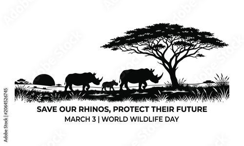 Photography World Wildlife Day Banner with Rhino Family Silhouette in African SavannahWorld
