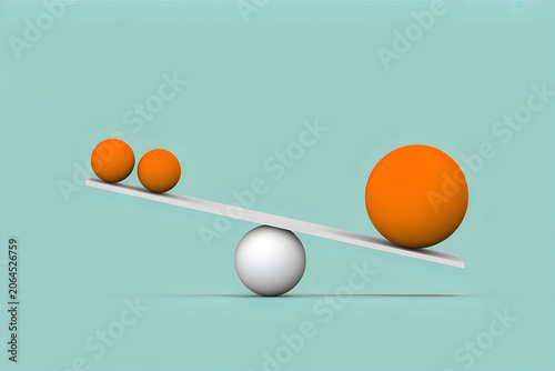 Orange spheres balanced on a white seesaw with a green background symbolizing comparison and disparity in a simple conceptual composition