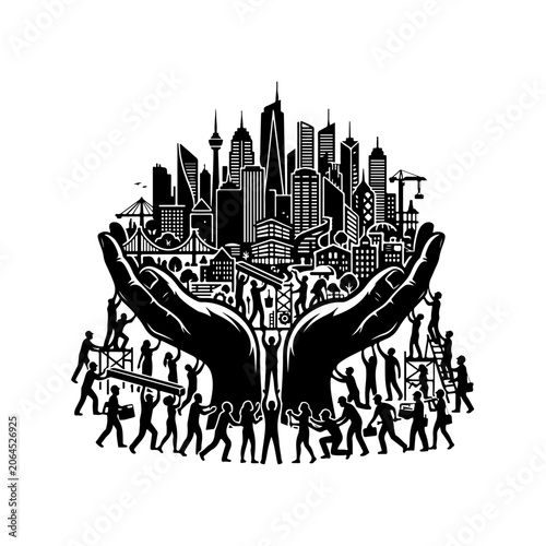 Cityscape, Urban Planning, Hands Holding City, Black and White Vector Illustration, City Life, Community Concept