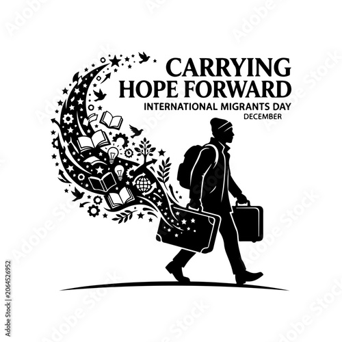 International Migrants Day, carrying hope forward, migrant awareness vector illustration, black and white graphics