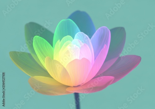 Rainbow lotus flower blooming with ethereal light against a soft teal background