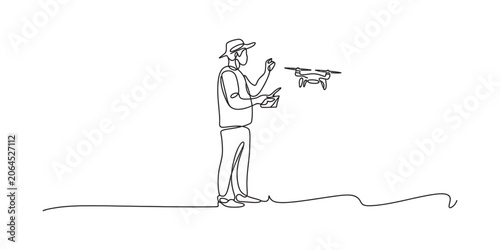 A man wearing a hat standing and controlling a flying drone with a remote controller depicted in a simple continuous single line drawing art style Vector, illustration