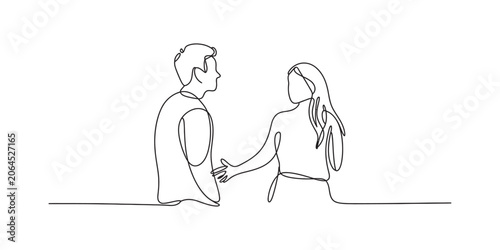 Tableau sur toile A young couple standing and talking to each other in a continuous single line dr