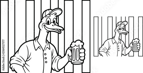 Φωτογραφία Cartoon duck, beer mug, black and white illustration, vector icons
