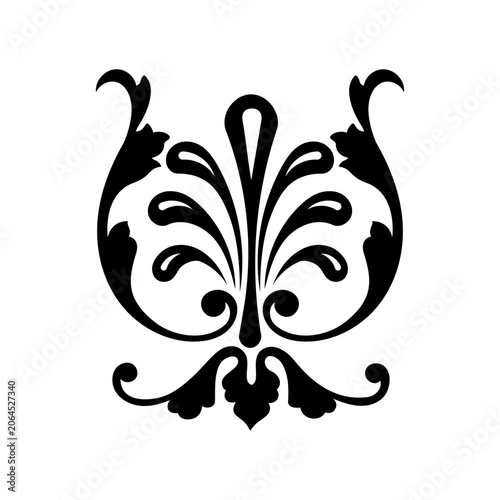 Elegant Black Baroque Floral Ornament with Symmetrical Swirl Design on White Background - SVG