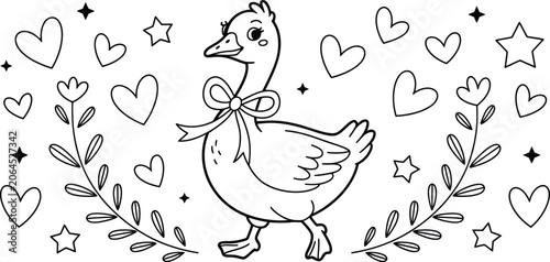 Canvastavla Vector illustration of a cute duckling wearing a bow, bowtie surrounded by heart