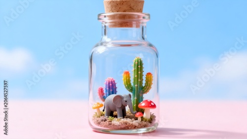 Miniature terrarium with cactus and elephant