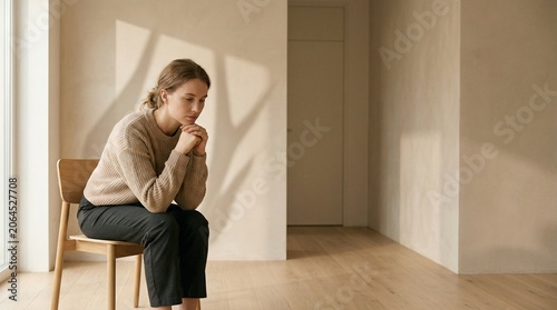 Sad or thoughtful young woman sitting alone on chair in empty minimalist room, concept of depression, mental health, emotional burnout and psychological counseling