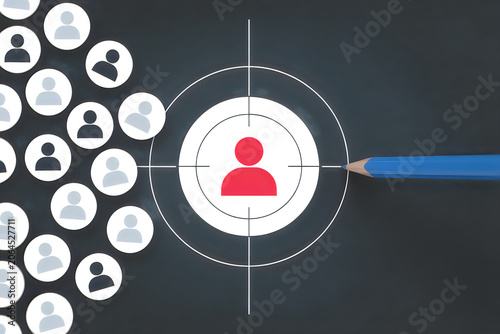 Targeted audience selection with a pencil aiming at a red person icon in a crosshair on a dark background
