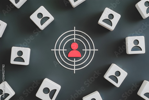 Targeted demographic icon centered in crosshairs surrounded by audience blocks on dark background
