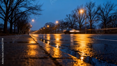Wet road at dusk with car light trail