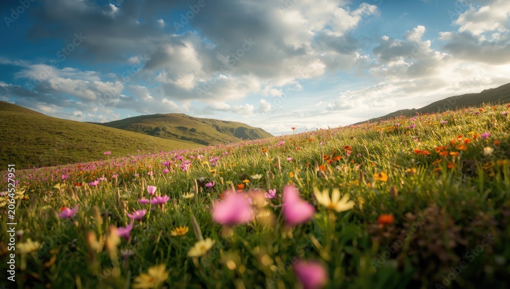 Obraz premium Radiant wildflower carpet covering rolling green slopes under a partly cloudy sky