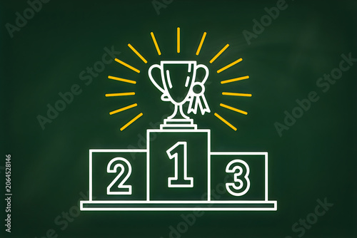 Trophy on a first place podium with radiating lines against a dark green chalkboard background symbolizing achievement