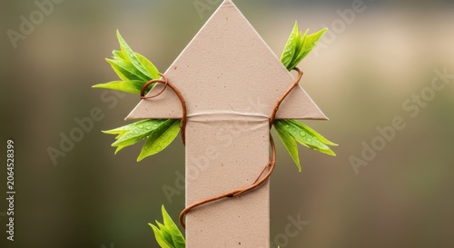 Upward Growth Symbol: A simple cardboard arrow pointing upwards, entwined with a climbing vine and new green leaves, symbolizing growth, progress, and renewal in an abstract and eco-friendly manner.