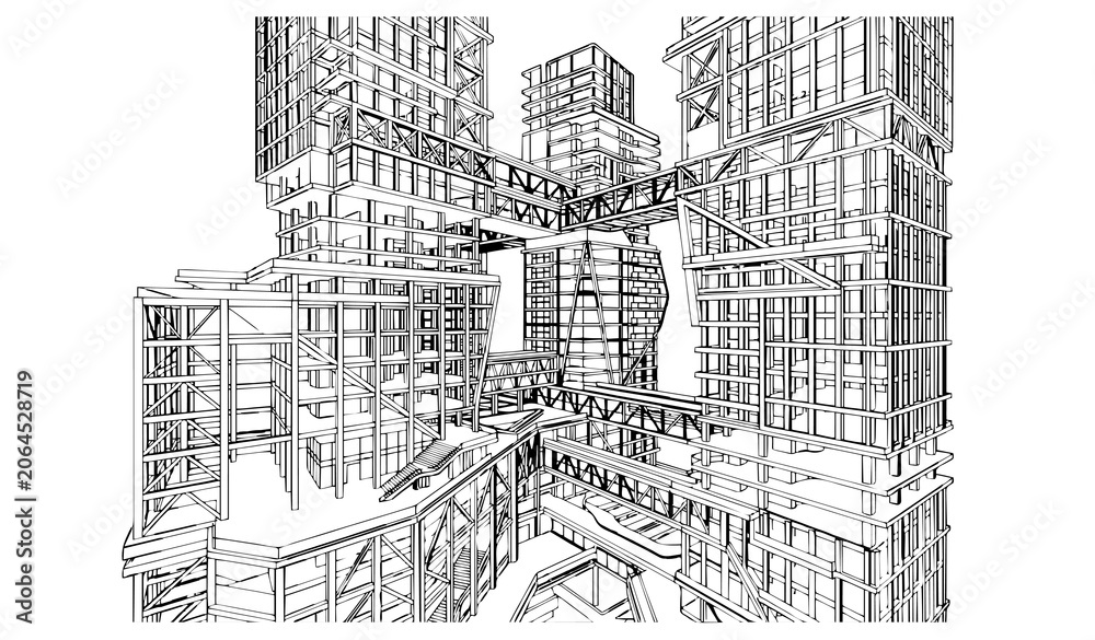 Fototapeta premium Untitled design - 2 Futuristic Urban Building Wireframe Illustration with Architectural Outline Construction and City Development Design