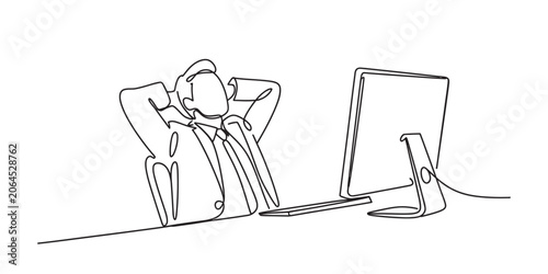 Continuous single line drawing of a relaxed businessman sitting at a desk with a computer monitor after finishing his work task in the office environment Vector, illustration