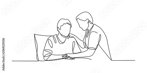 Continuous line drawing of a caring nurse comforting a sick patient sitting in a hospital bed showing empathy support and kindness in a medical setting Vector, illustration