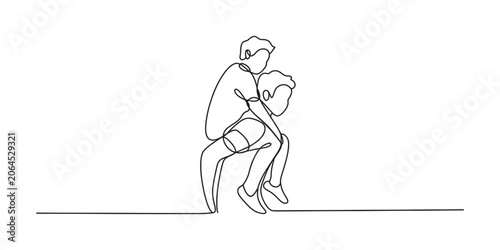 Tableau sur toile Continuous single line drawing of a big brother giving a piggyback ride to his l
