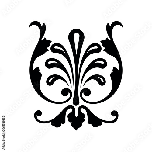 Elegant Black Baroque Floral Ornament with Symmetrical Swirl Design on White Background