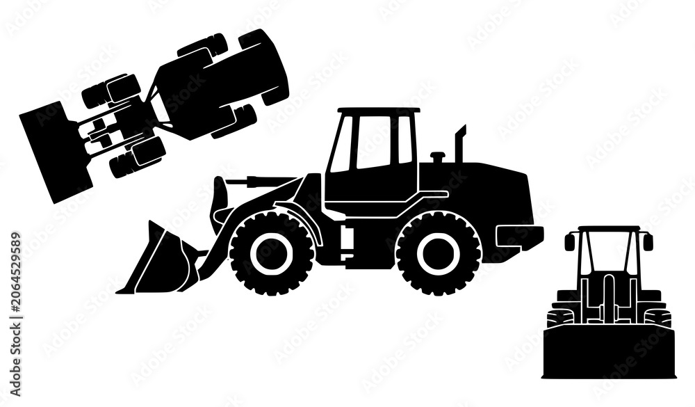 Naklejka premium Industrial Wheel Loader Silhouette Blueprint Collection with Multiple Technical Perspectives Vector Illustration