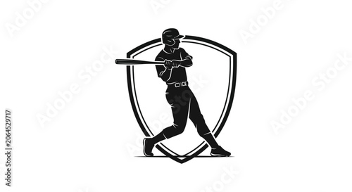 Obraz na plátně Baseball player with bat inside shield shaped frame silhouette