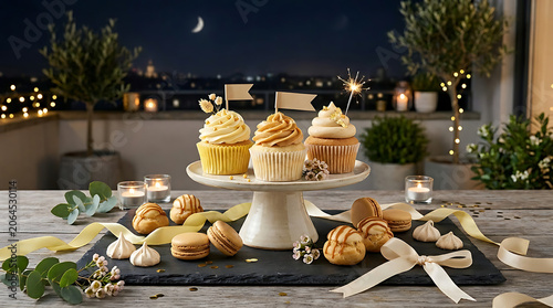 Assorted pastries and macarons arranged on a white plate, sugges