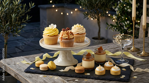 Rustic dessert display of cupcakes and macarons on a wooden tabl